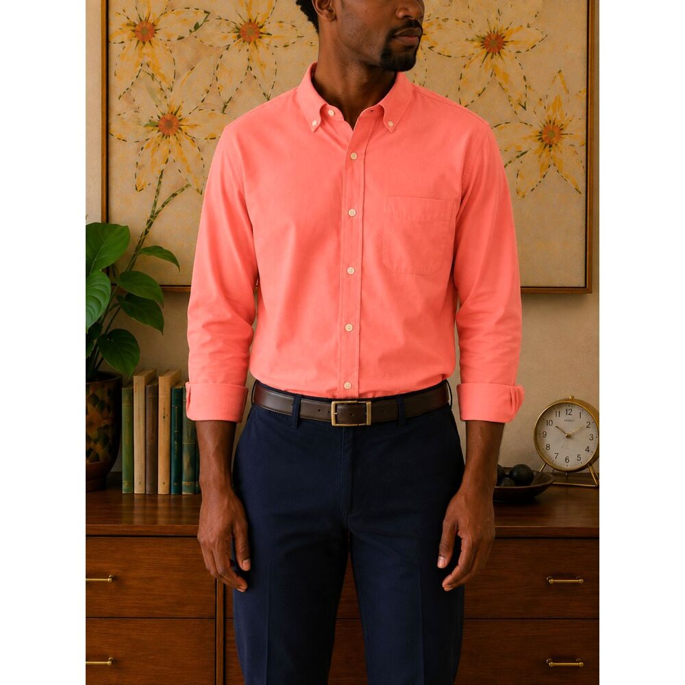 IZOD Men’s L Shirt Button-Up Orange Long Sleeve Regular Fit w/ Front Pocket